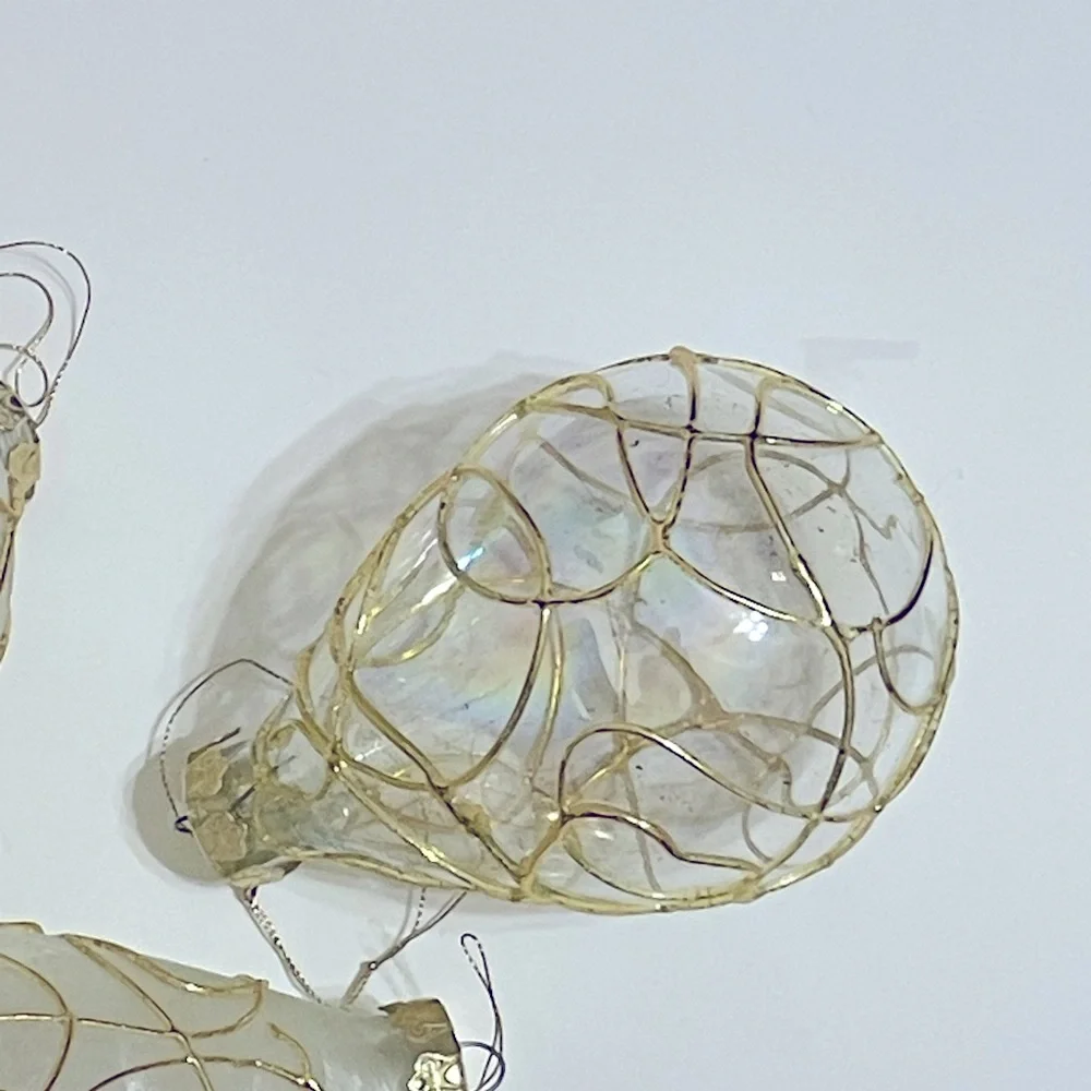 VINTAGE SILVESTRI Large Gold Clear Frosted Glass Deco Tree Ornaments Set of 6